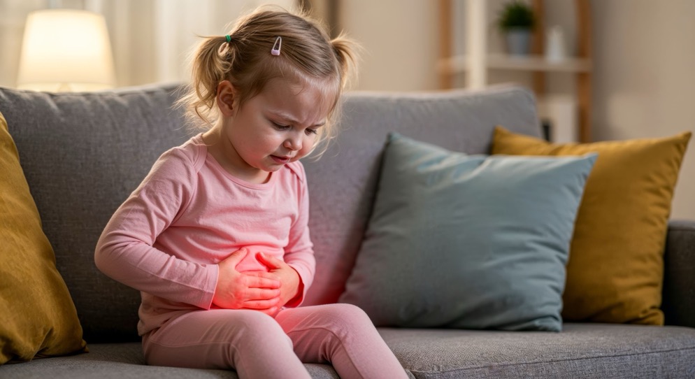 Niña caucásica de 2 años sentada en un sofá con dolor de estómago, sosteniendo su vientre con las manos, brillo rojo en el abdomen, fondo interior de una casa acogedora